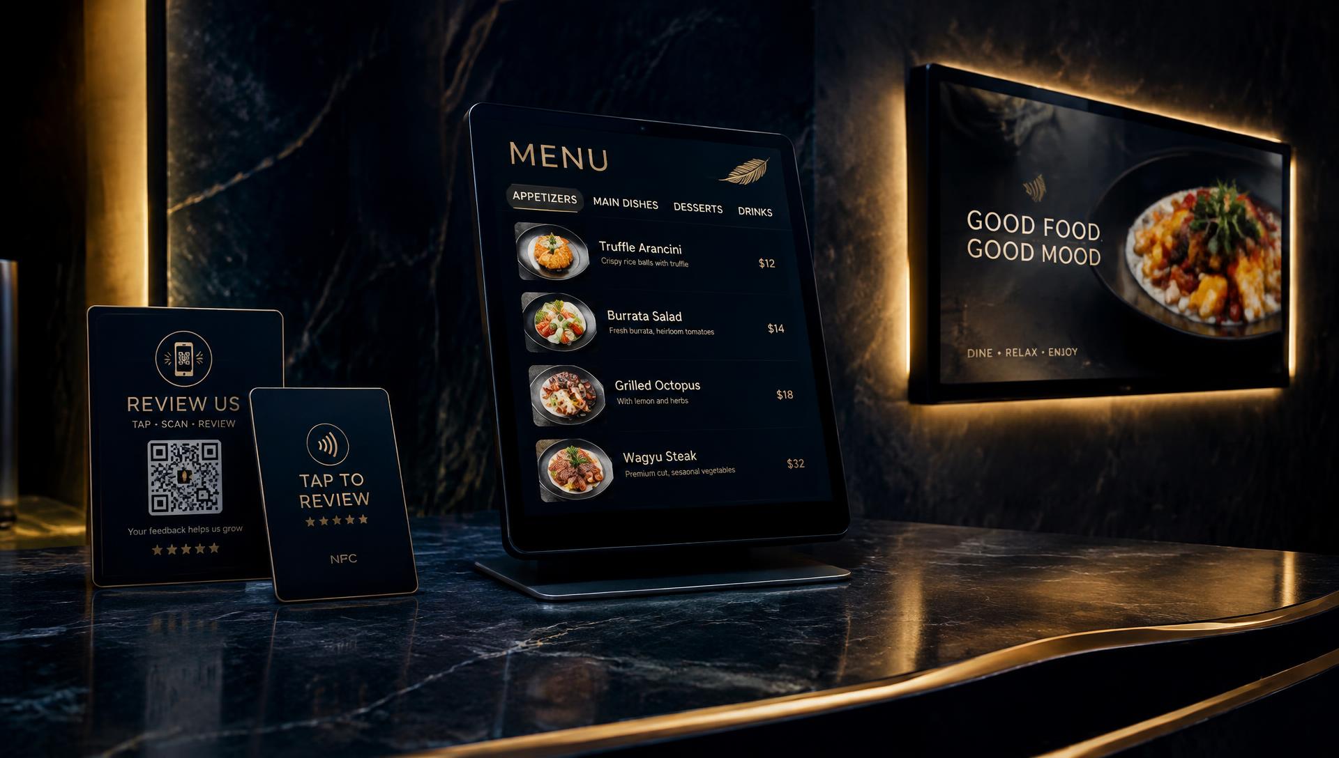Quainoo review cards, digital menu and restaurant screen